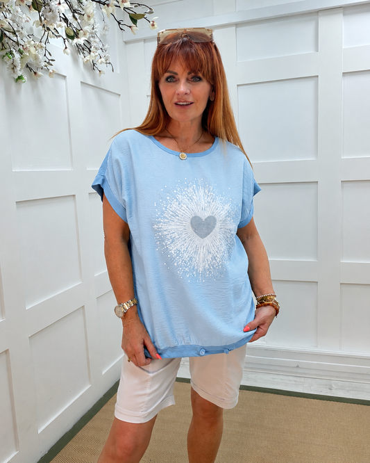 Honey: Silver diamanté heart burst top. One size: 10-16. 5 colours