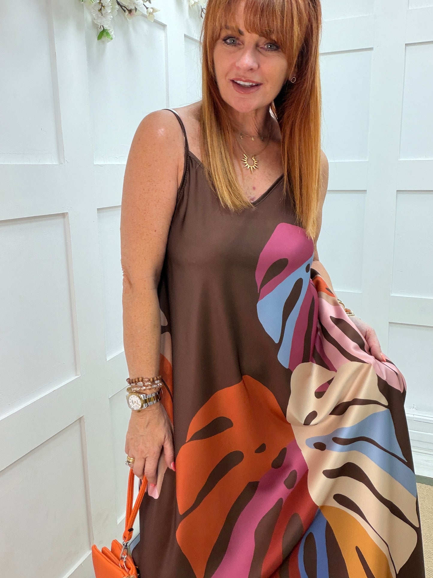 Arla: Palm leaf print silk dress. One size 12-20. 3 colours