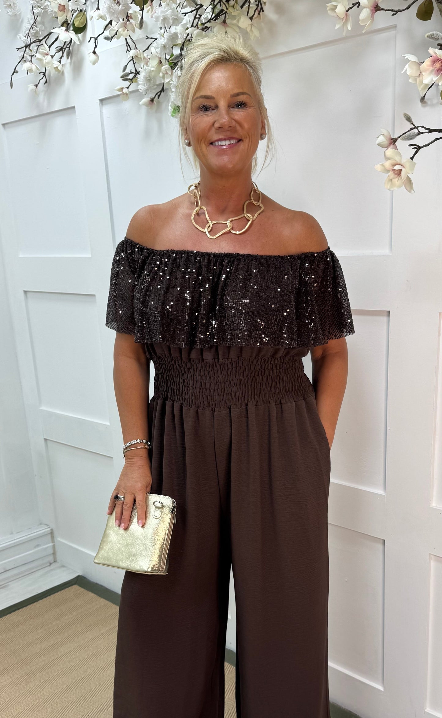 Salma: Brown sequin multiway wide leg jumpsuit. One size: 14-20