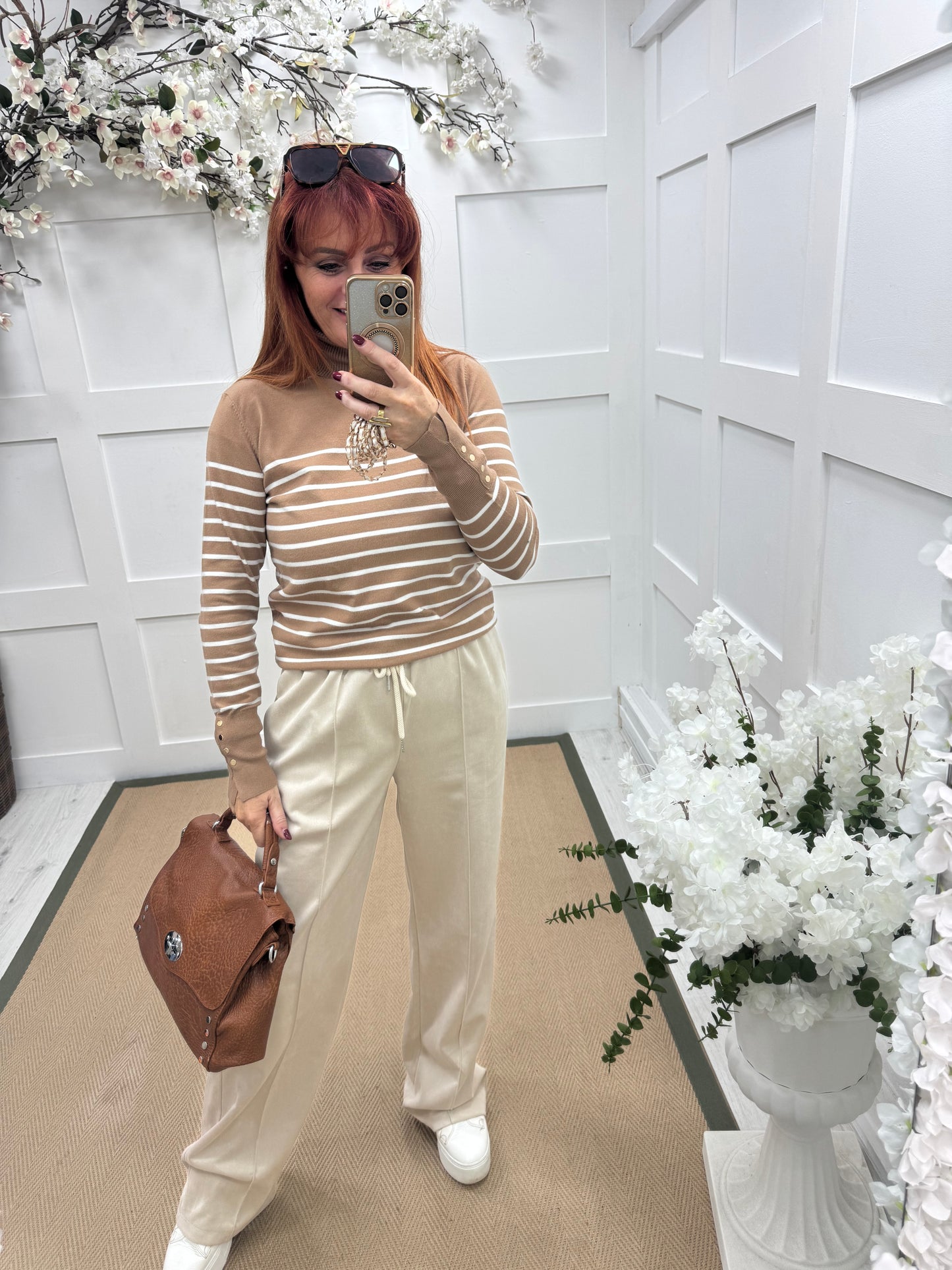 Karina: Sand & cream striped polo neck top. One size 10-14