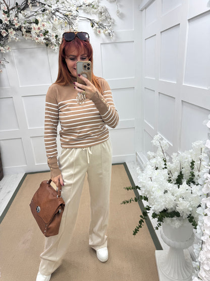 Karina: Sand & cream striped polo neck top. One size 10-14