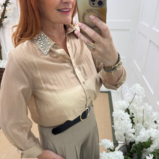 Azira: Gold rhinestone collar sheer shirt. One size: 10-16