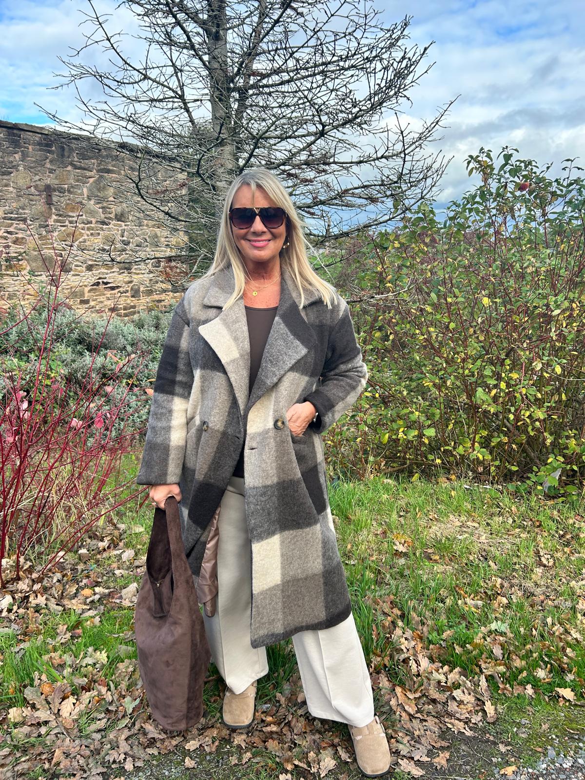 Loxley: Beige & brown check wool coat. One size 12-20