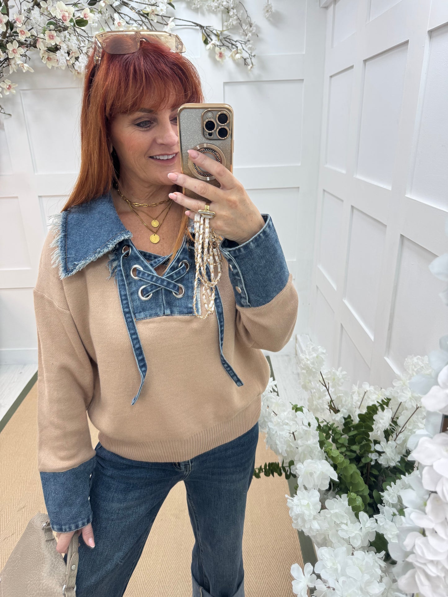 Malin: Sand denim collar long sleeve top. One size: 12-18