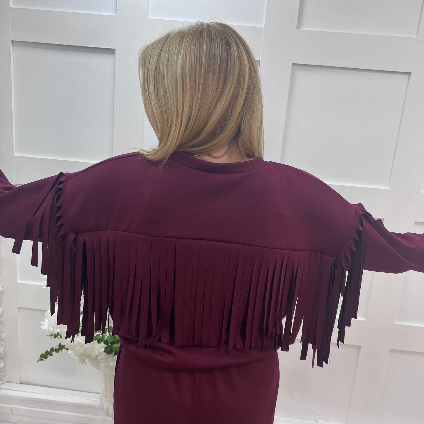 Athens: Burgundy short tassel sweatshirt. One size: 10-16