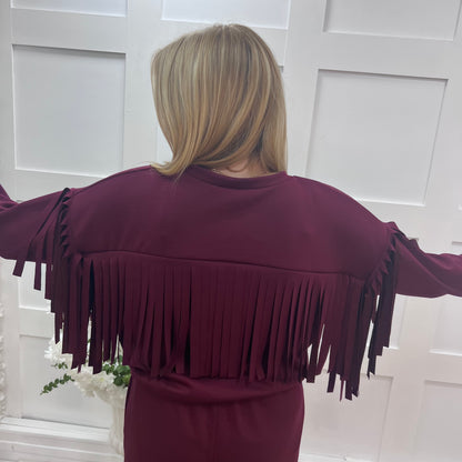 Athens: Burgundy short tassel sweatshirt. One size: 10-16