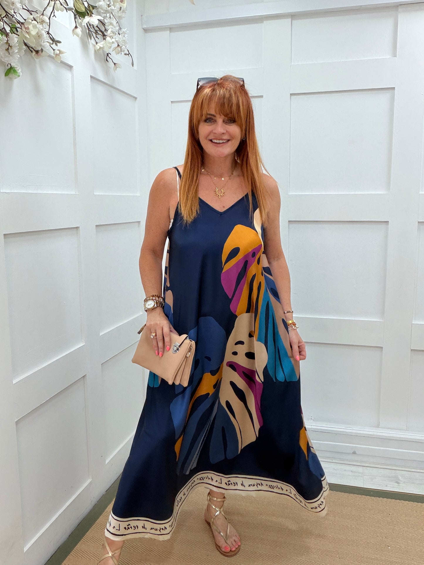 Arla: Palm leaf print silk dress. One size 12-20. 3 colours