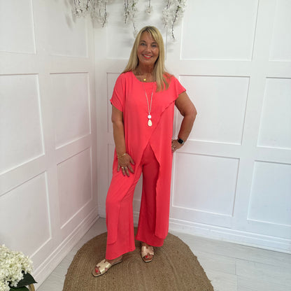 Jodie: Coral longline wide leg co-ord set. One size: 14-18