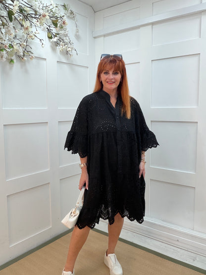 Loretta: Broderie Anglaise smock tunic dress. One size: 12-20. 3 colours