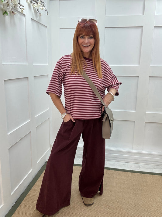 Sobia: Burgundy & pink striped cotton top. One size 12-18