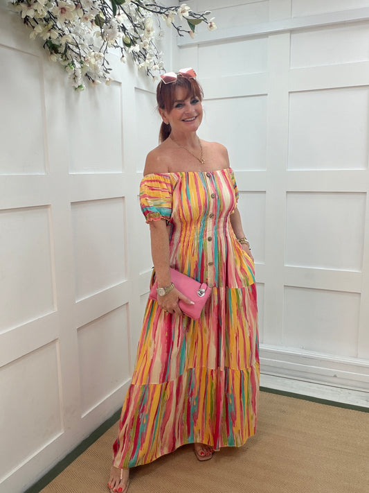 Andee: Multi stripe stretchy bardot maxi dress. One size: 10-20