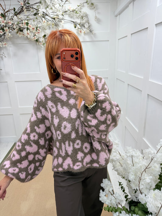 Lara: Leopard print chunky knit jumper. One size: 12-18. 2 colours