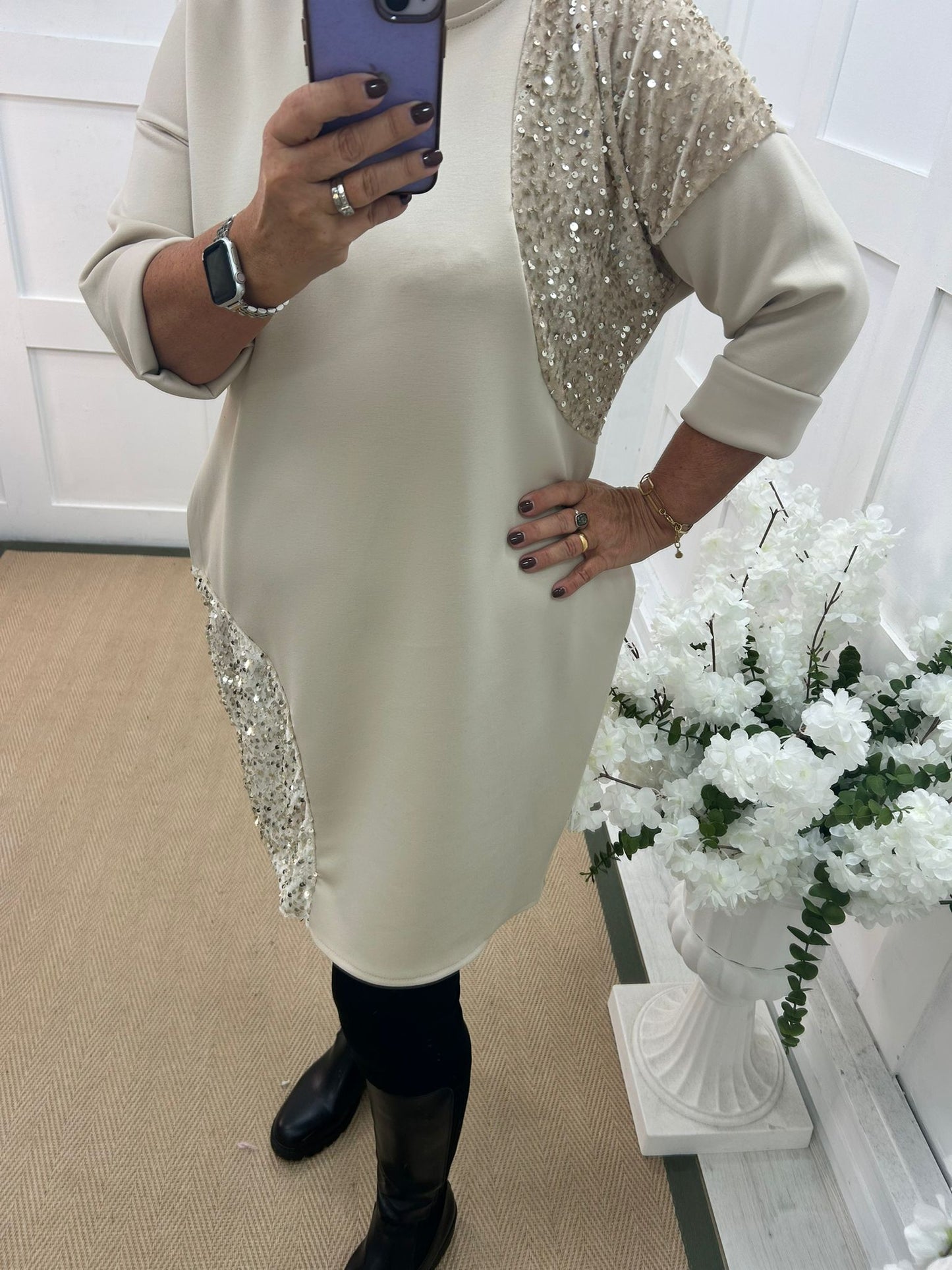 Noelle: Cream sparkle tunic top. One size: 16-20