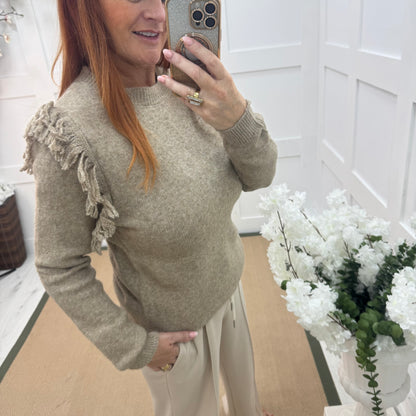 Carmel: Beige fringe knitted top. One size: 10-16
