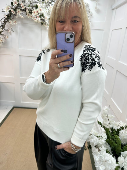 Fleur: Cream embroidered shoulder knit. 2 sizes