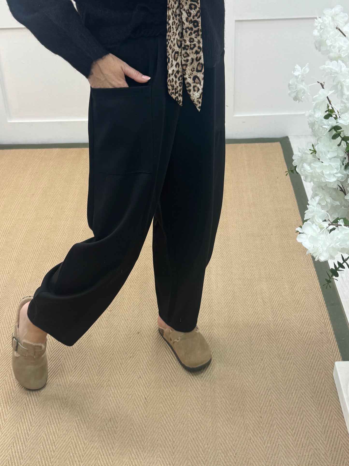 River: Black cocoon harem trousers. One Sz: 14-20