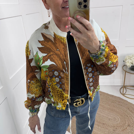 Martha: Silky brown jungle printed bomber jacket. One size: 8-18