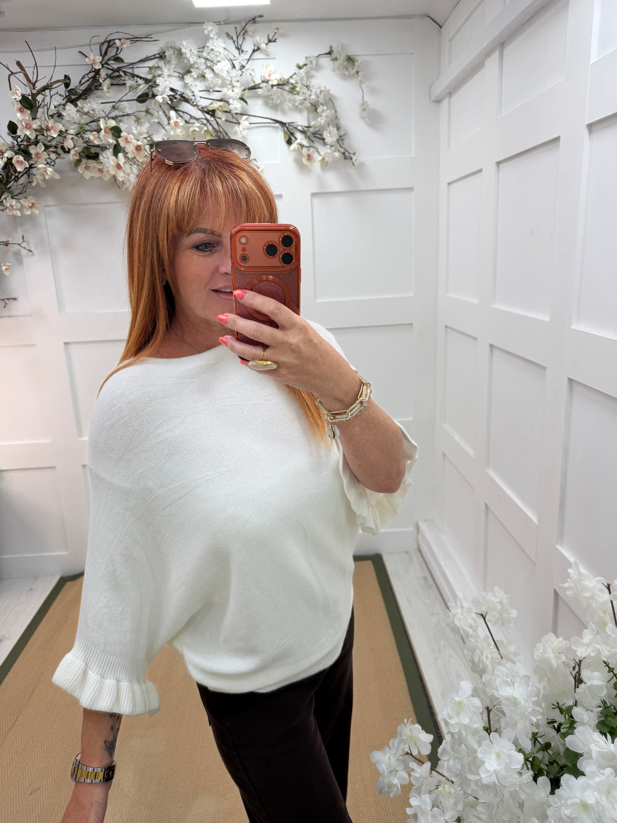 Sierra: Batwing fluted sleeve knitted top. One Size 12-18. Various colours