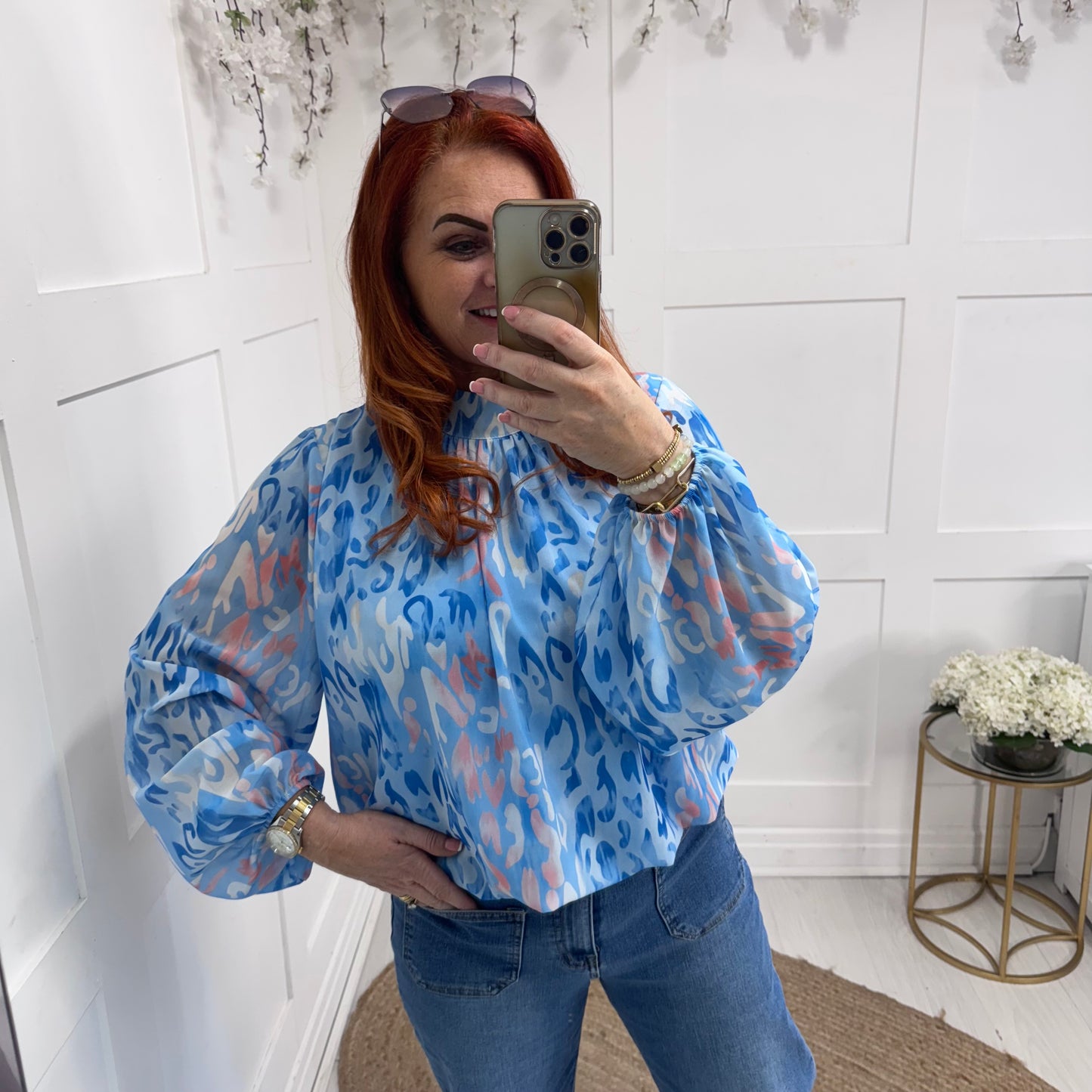 Holly: Baby blue & pink leopard print top. One size: 12-18