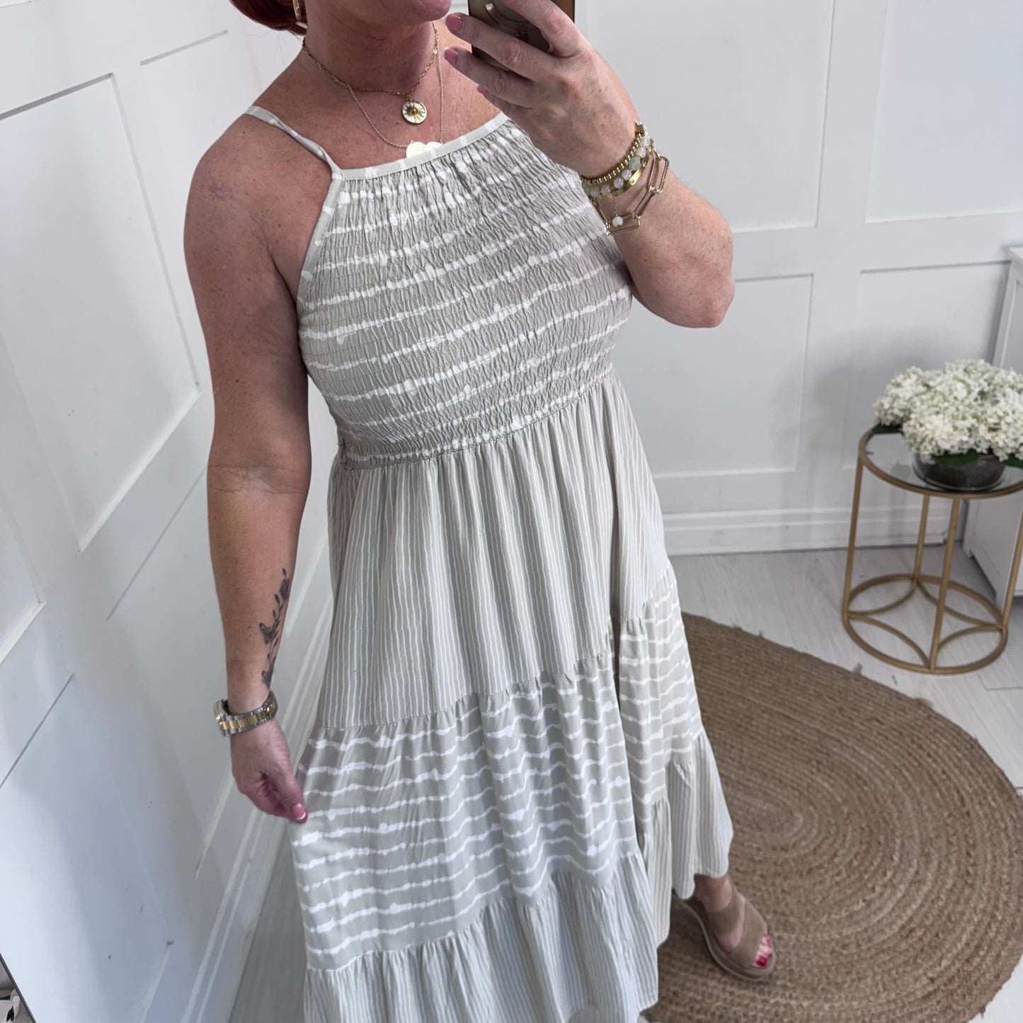 Serena: Stone strappy striped midi dress. One size: 10-14