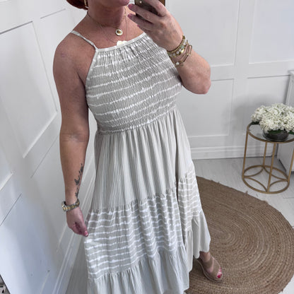 Serena: Stone strappy striped midi dress. One size: 10-14