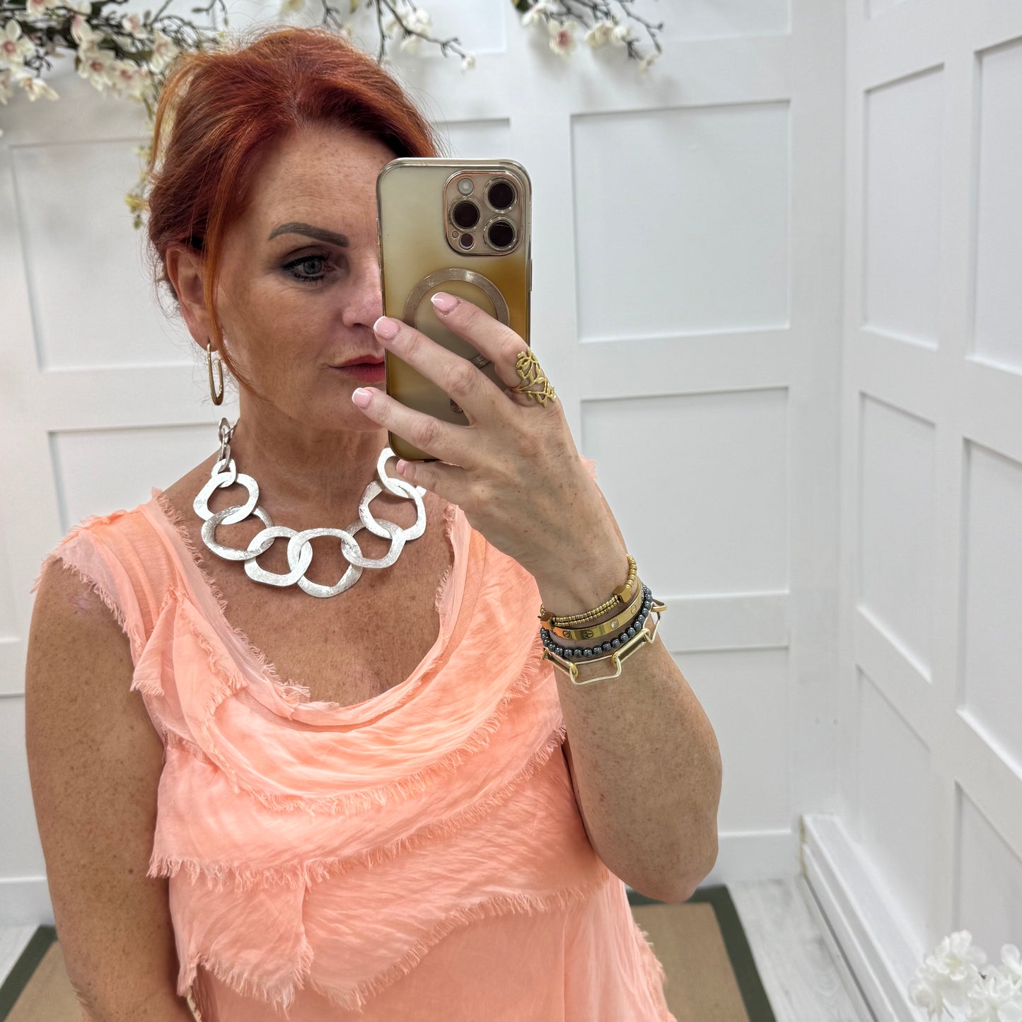 Shona: Silver metal rings statement necklace