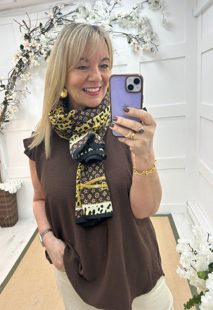 Liza: Brown leopard print designer inspired scarf. One size