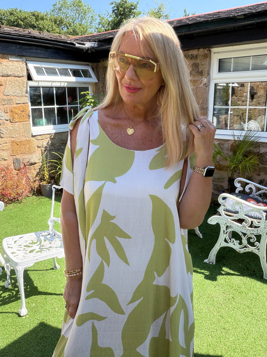 Mila: Leaf printed maxi dress with large rose gold disc detail. One size: 12-18. 2 colours