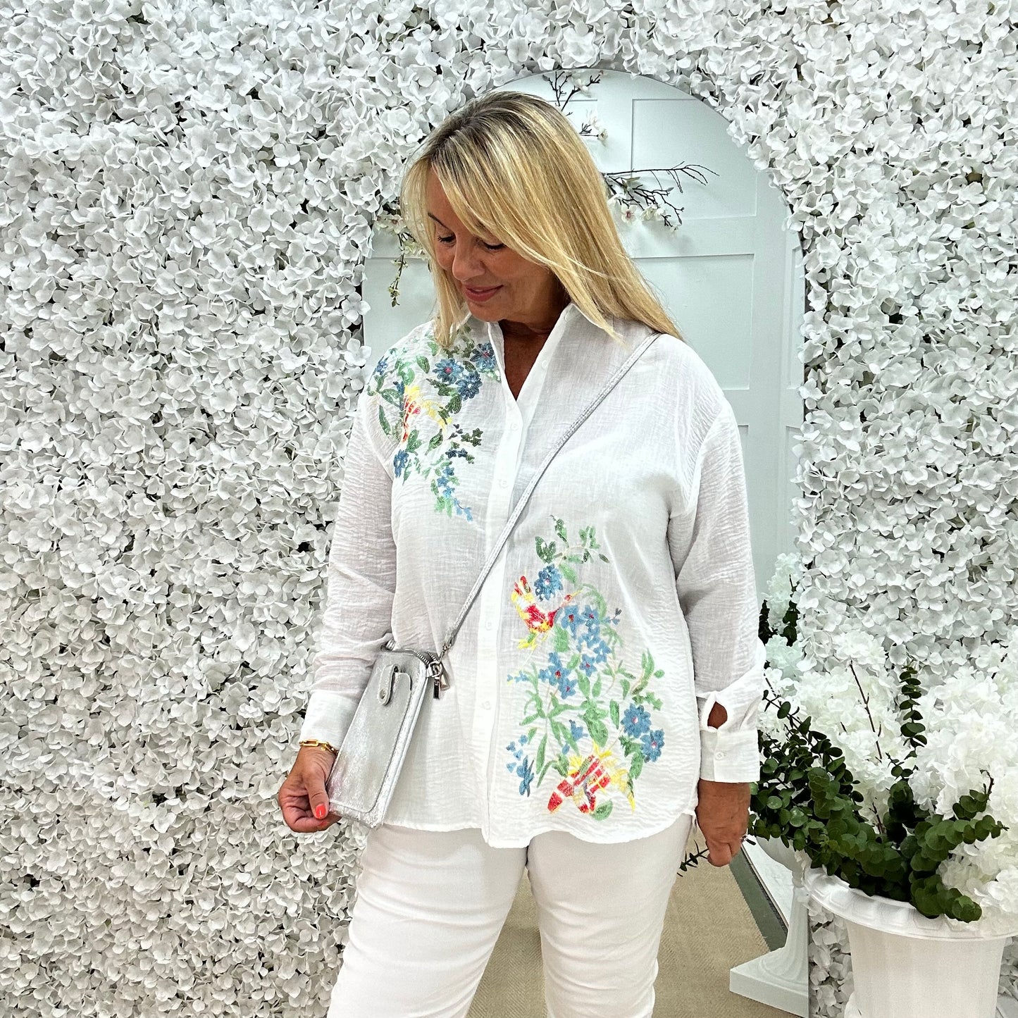 Indra: White sequin bird & flower cotton shirt. One size: 14-20