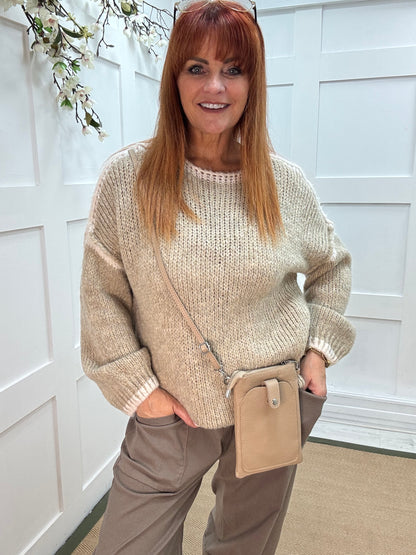 Odette: Beige slouchy knit knitted jumper. One size: 12-18
