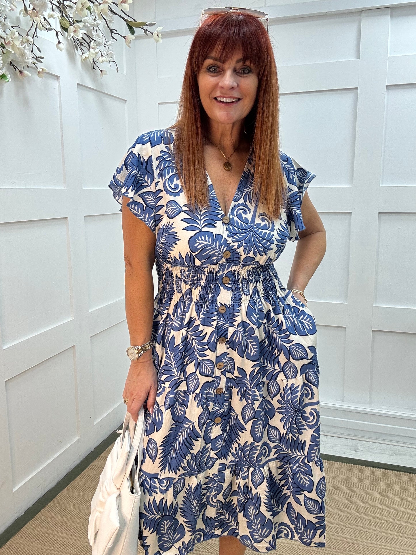 Emmy: Blue & white stretchy V neck midi dress. One size: 10-18