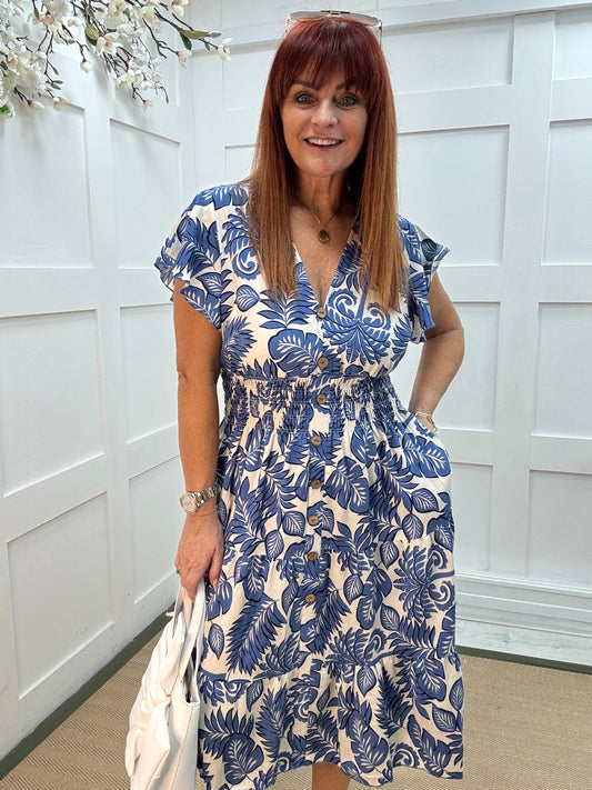 Emmy: Blue & white stretchy V neck midi dress. One size: 10-18