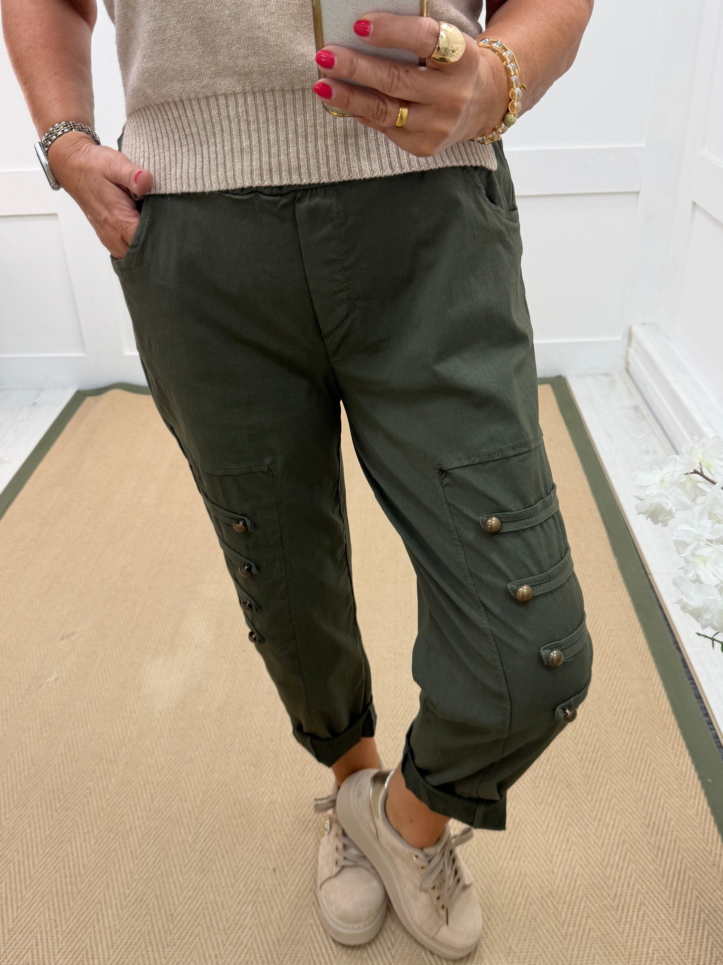 Mika: Stretchy military button detail magic trousers. One size 14-18. 3 colours