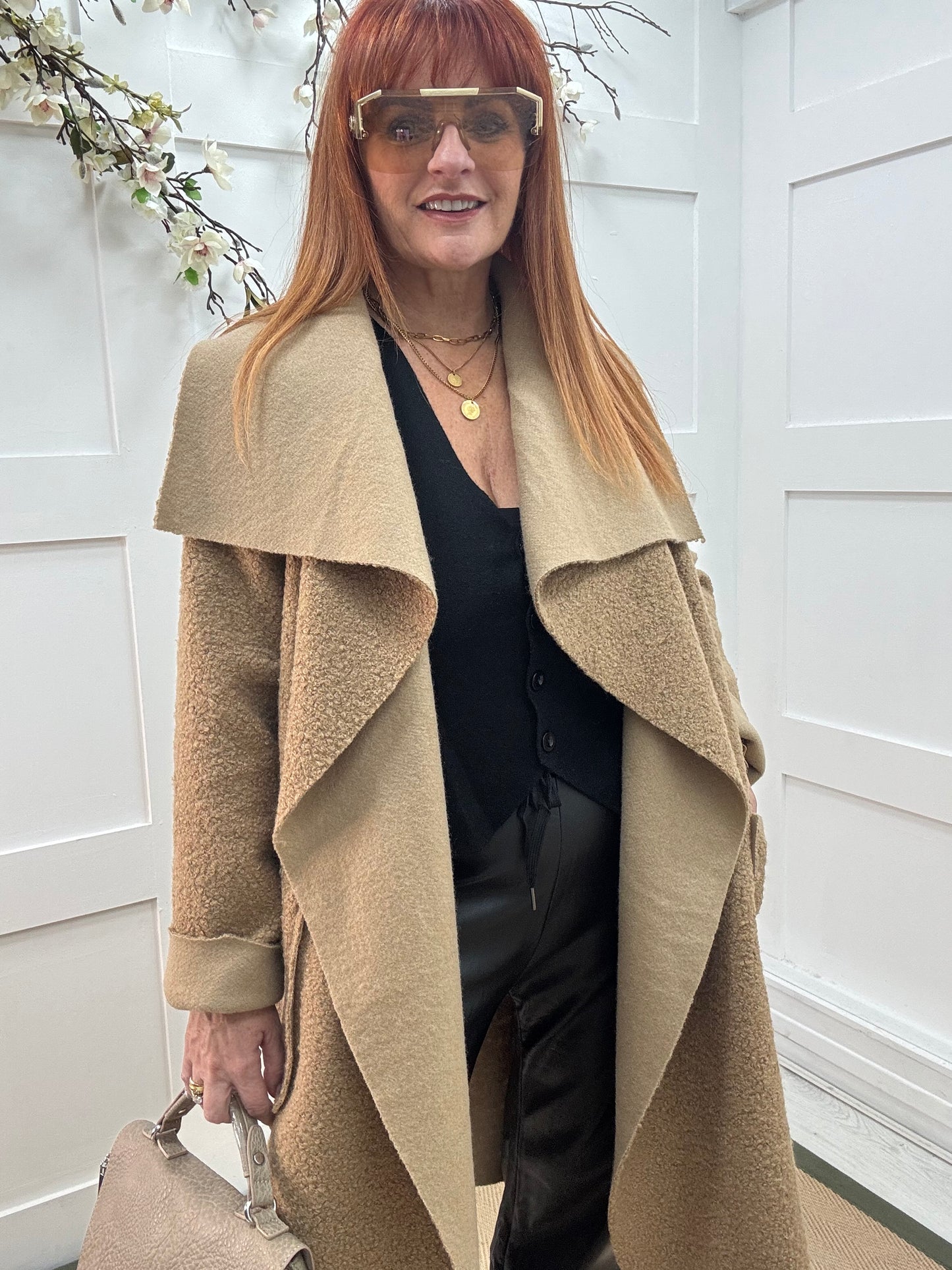 Kathie: Sand boucle coat with pockets. One size 12-18