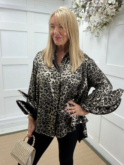 Lauren: Leopard print metallic shirt with statement sleeves. One size: 14-20. 2 colours