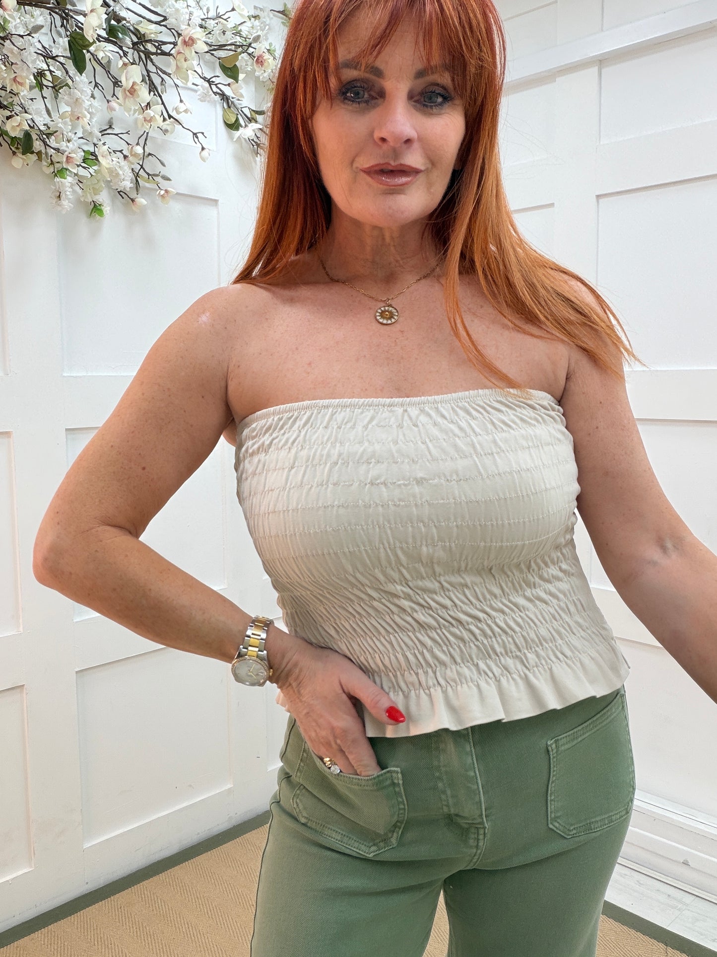 Bailey: Cream shirred boob tube. One size: 8-14