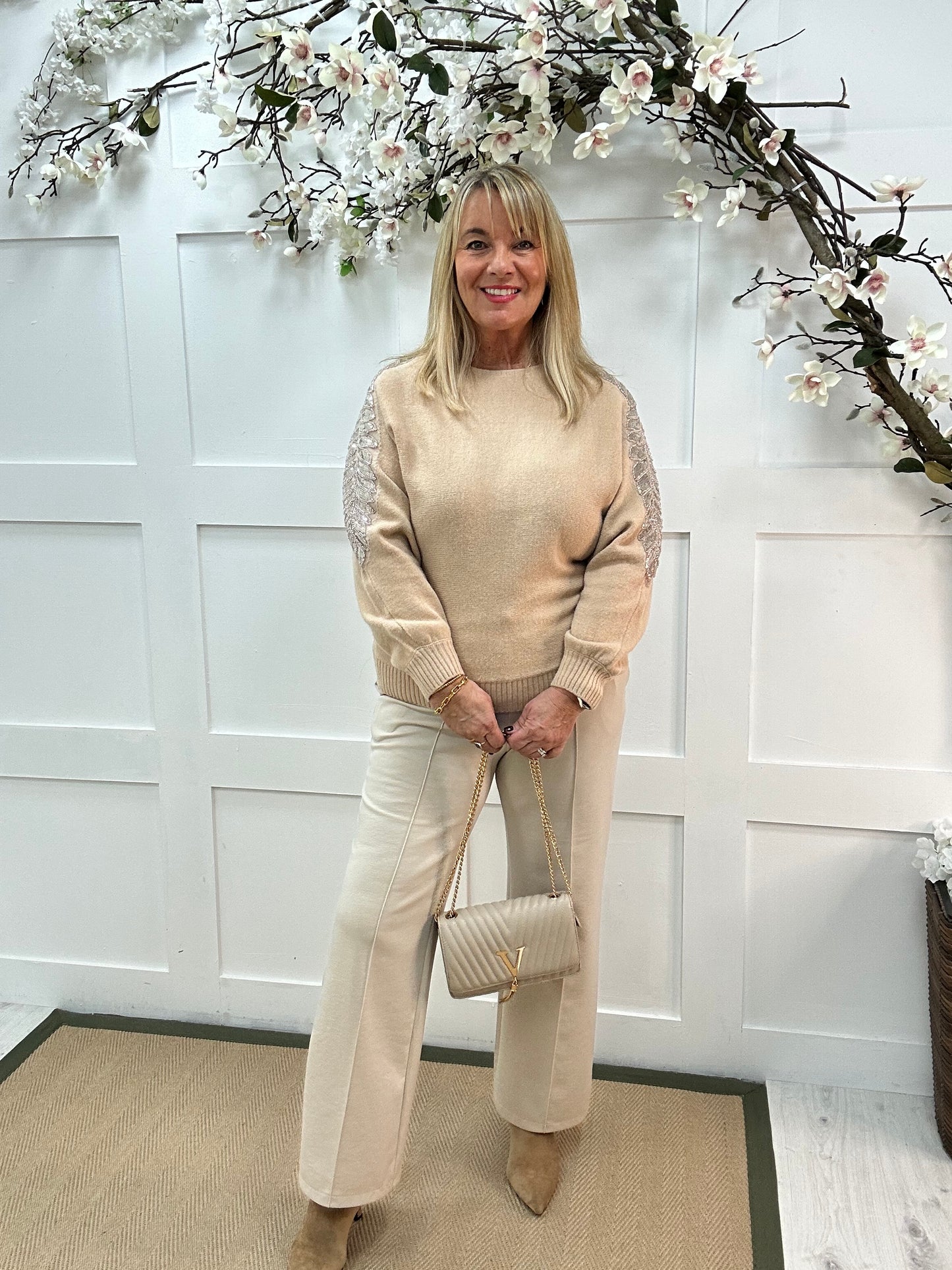 Crystal: Sand sequin embellished knit top. One size: 14-20