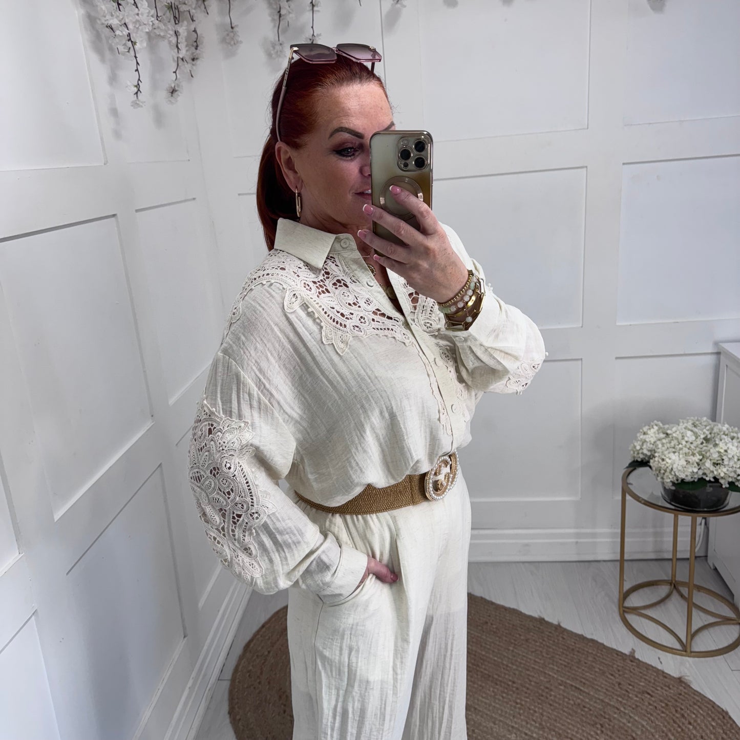 Skye: Cream oversized crochet shirt. One size: 16-20