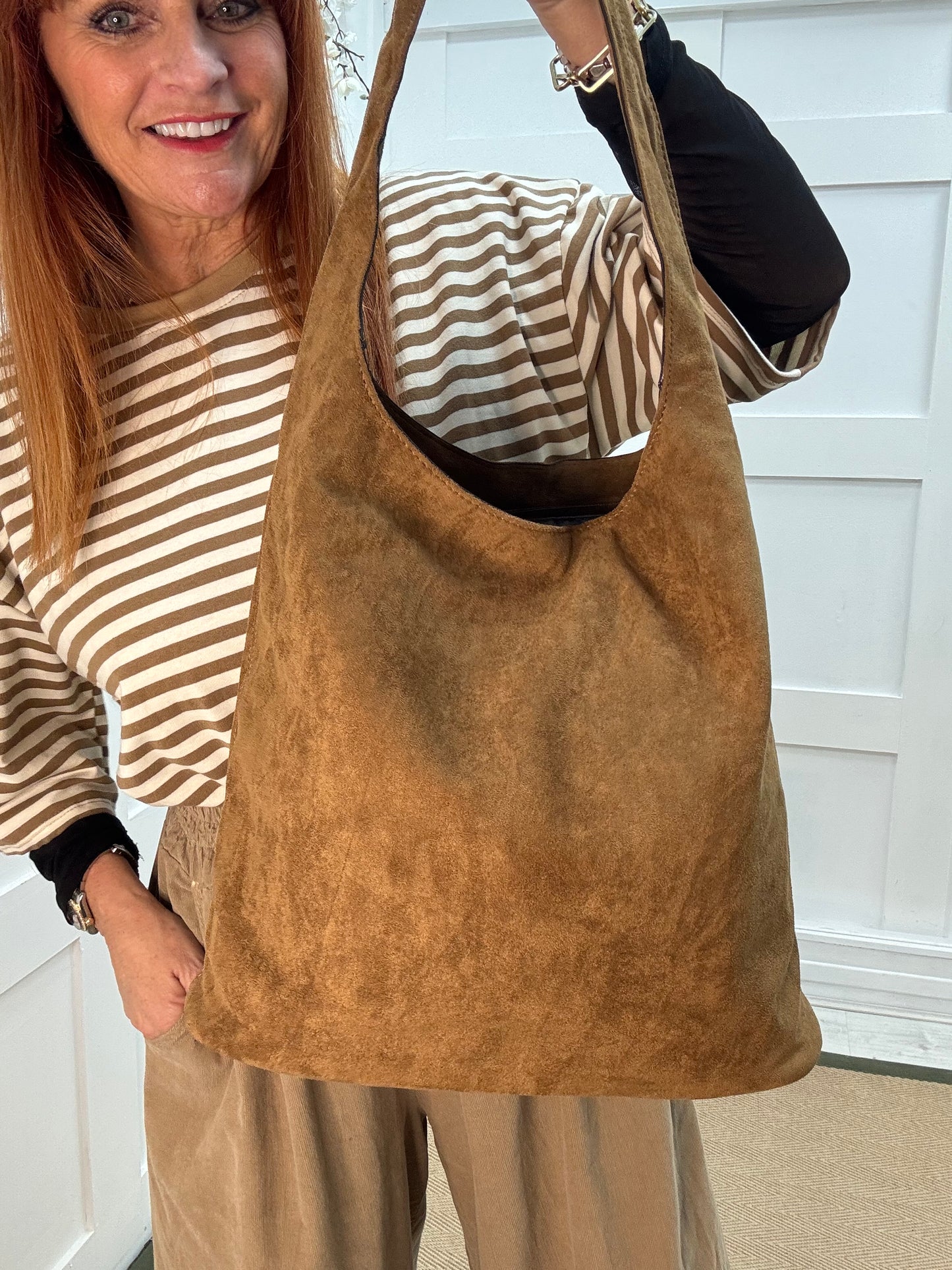 Sable: Tan vegan suede slouchy bag
