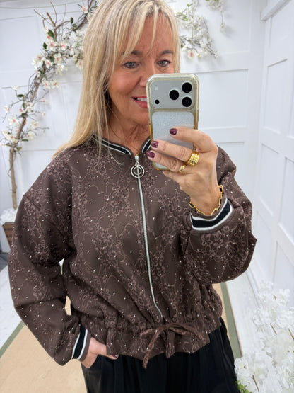 Betsy: Dark brown diamanté & lace bomber jacket. One size 14-20