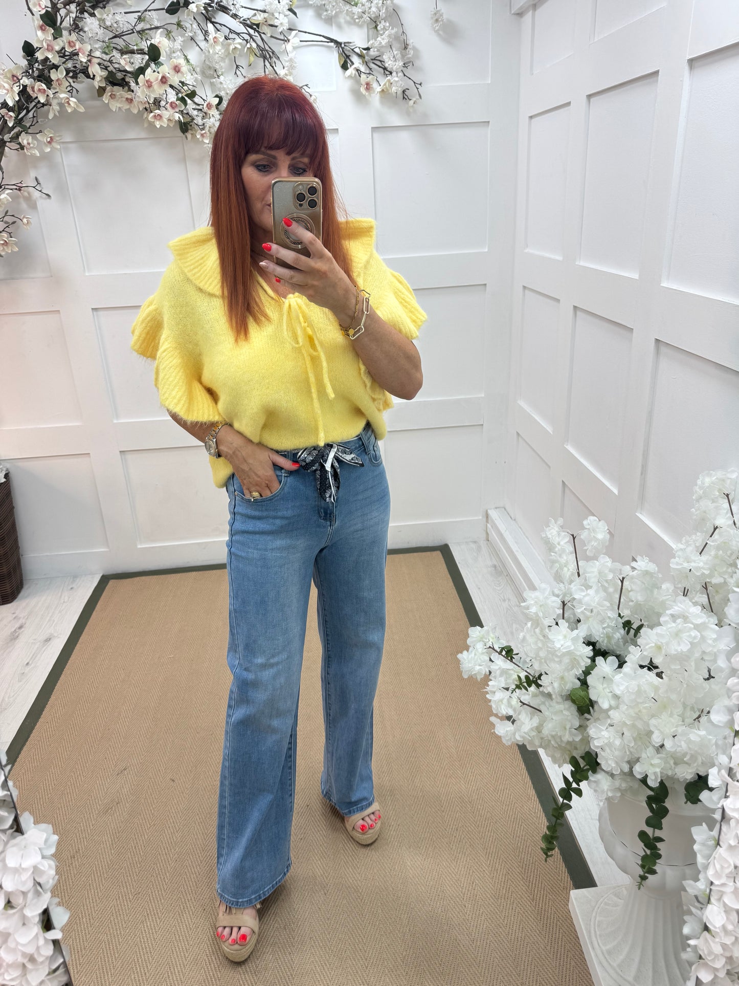 Jess: Washed denim high waist wide leg jeans. Sizes: 8-18