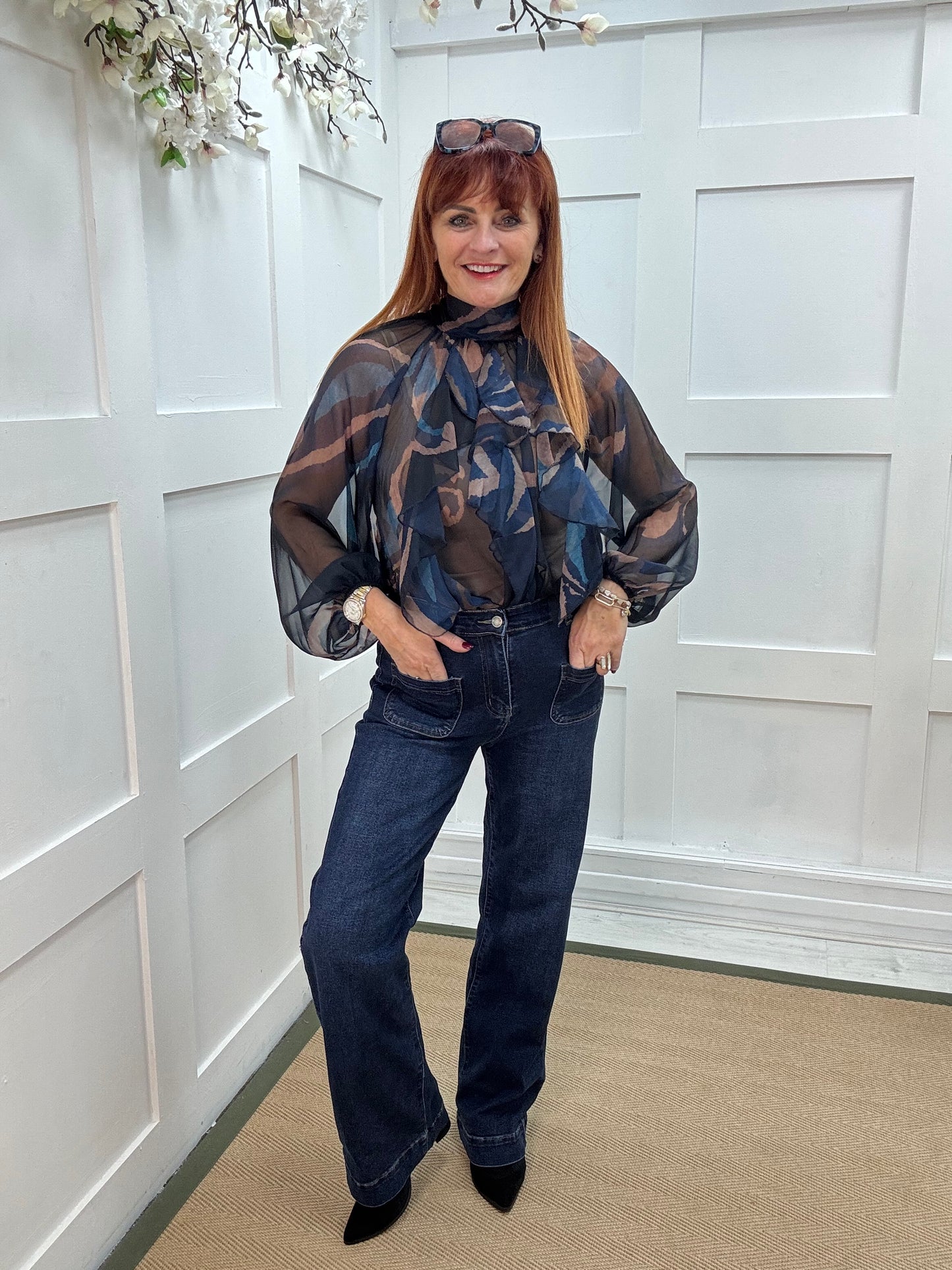 Paloma: Navy & mocha abstract sheer ruffle blouse. One size: 10-16