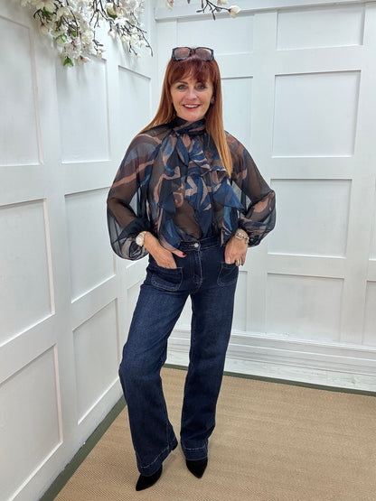 Paloma: Navy & mocha abstract sheer ruffle blouse. One size: 10-16