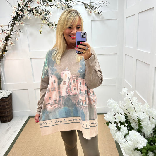 Justine: Taupe oversized Italian scene top. One size: 16-20