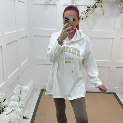 Madison: Baby blue Brooklyn logo hoodie. One size: 12-18