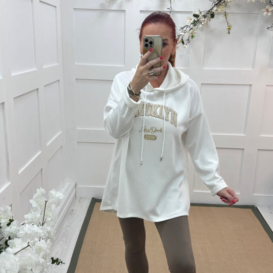 Madison: White Brooklyn logo hoodie. One size: 12-18