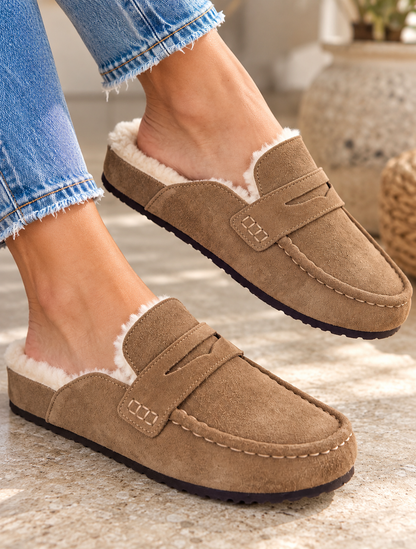 Morgan: Suede faux fur loafer mule. Sizes: 3-8. 2 colours