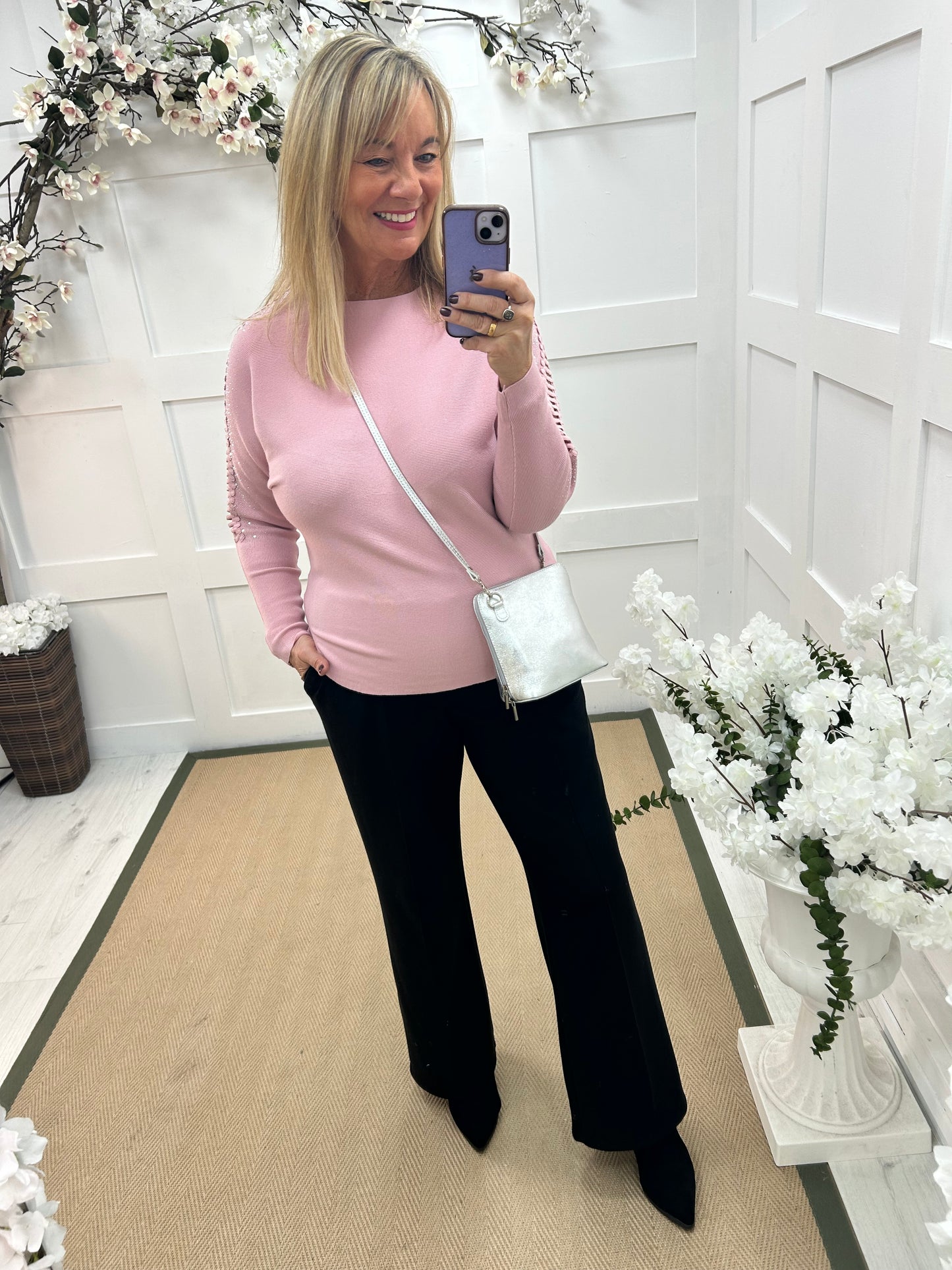 Arianne: Pink sparkle cutout shoulder top. One size: 12-16