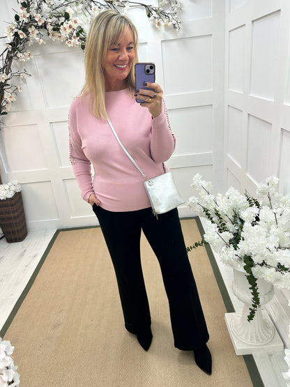 Arianne: Pink sparkle cutout shoulder top. One size: 12-16