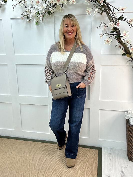 Florri: Mocha stripe lattice-sleeve knit. One size 12-18